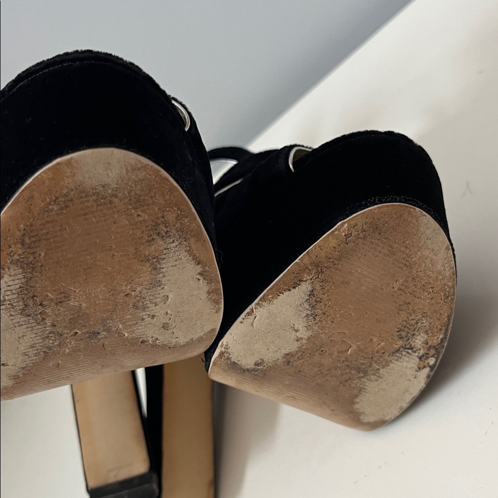 Michael Kors black velvet open toe platform high Heels 7M silver buckle accent - Picture 10 of 13